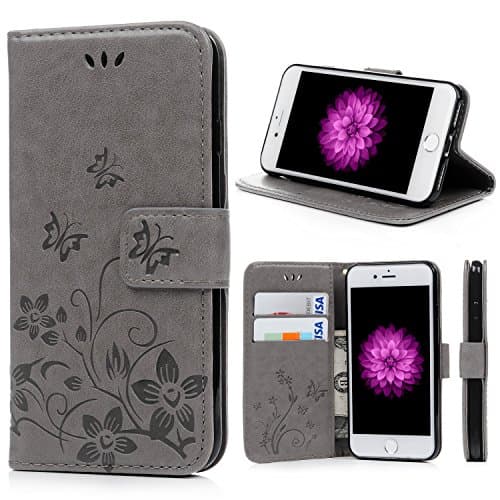 Chnano iPhone 7 Wallet Case(4.7’’), Slim PU Leather Card Holder Kickstand Stand Feature Strong Magnetic Closure with Wrist Strap&Embossed Flowers Butterfly Flip Protective Cover for iPhone 7, Grey