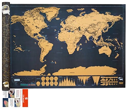 Large Scratchable Foil World Map Enhanced Edition - Gold on Black Frameable Traveler Poster includes Gift Package 32.5" X 23.4" (Black) by Modern Motion