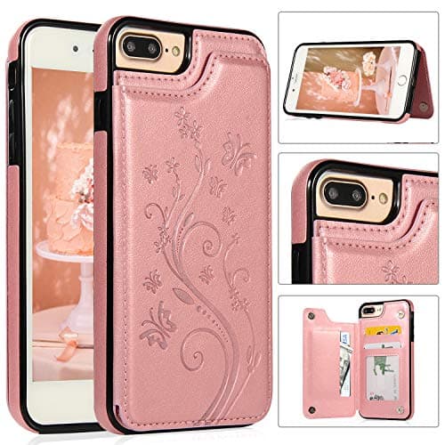 iPhone 7/8 Plus Wallet Case with Card Holder, Akimoom Butterfly Embossed Double Magnetic Clasp Leather Kickstand Card Slots Protective Skin Case Cover for Apple iPhone 7/8 Plus 5.5 Inch(Rose Gold)