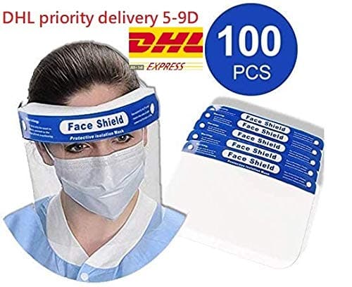 100 PCS Plastic Face Shield Protect Eyes and Face with Full Protective Clear Film Elastic Band and Comfort Sponge Dental Face Shield (100)