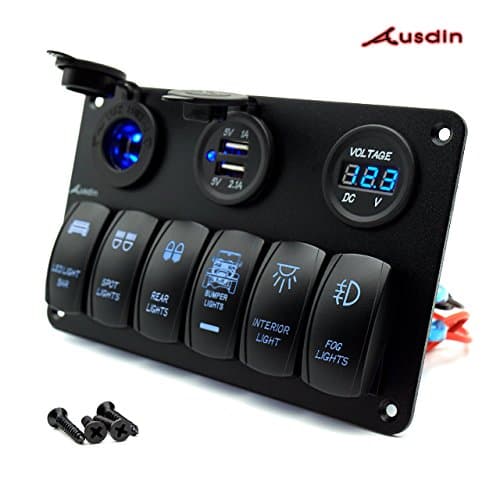 Rocker Switch Panel,Ausdin LED 6 Gang Rocker Switch Panel Waterproof 5pin On/Off Circuit Breakers with 12V Cigarette Socket Digital Voltmeter 2 USB Power Charger Adapter for Car / Boat Marine