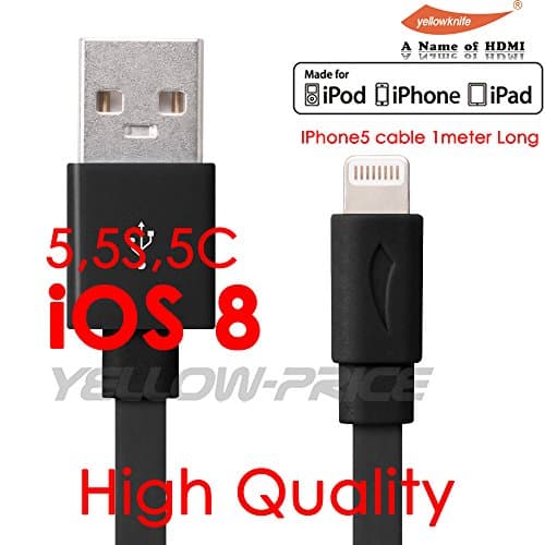 [Apple MFi Certified] iPhone 5 &amp; 6 Flat Lightning Cord Charging Cable byYellowknife (TM) - SmartCharge Technology Accelerates Charging and Syncing Speeds (Black)