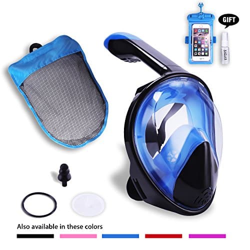 AOLAIS Third Gerneration 180°view Panoramic full face Snorkel Mask for Adults and Kids,Anti-fog Anti-leak Design Easy Breathe Snorkeling Mask Set (blackblue, L/XL)