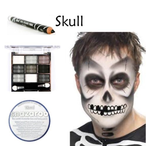 Scary Halloween Skull Complete Makeup Set includes: 1x Black Eyeliner, 1x Eyeshadow Palette and 1x White Snazaroo Face Palette.