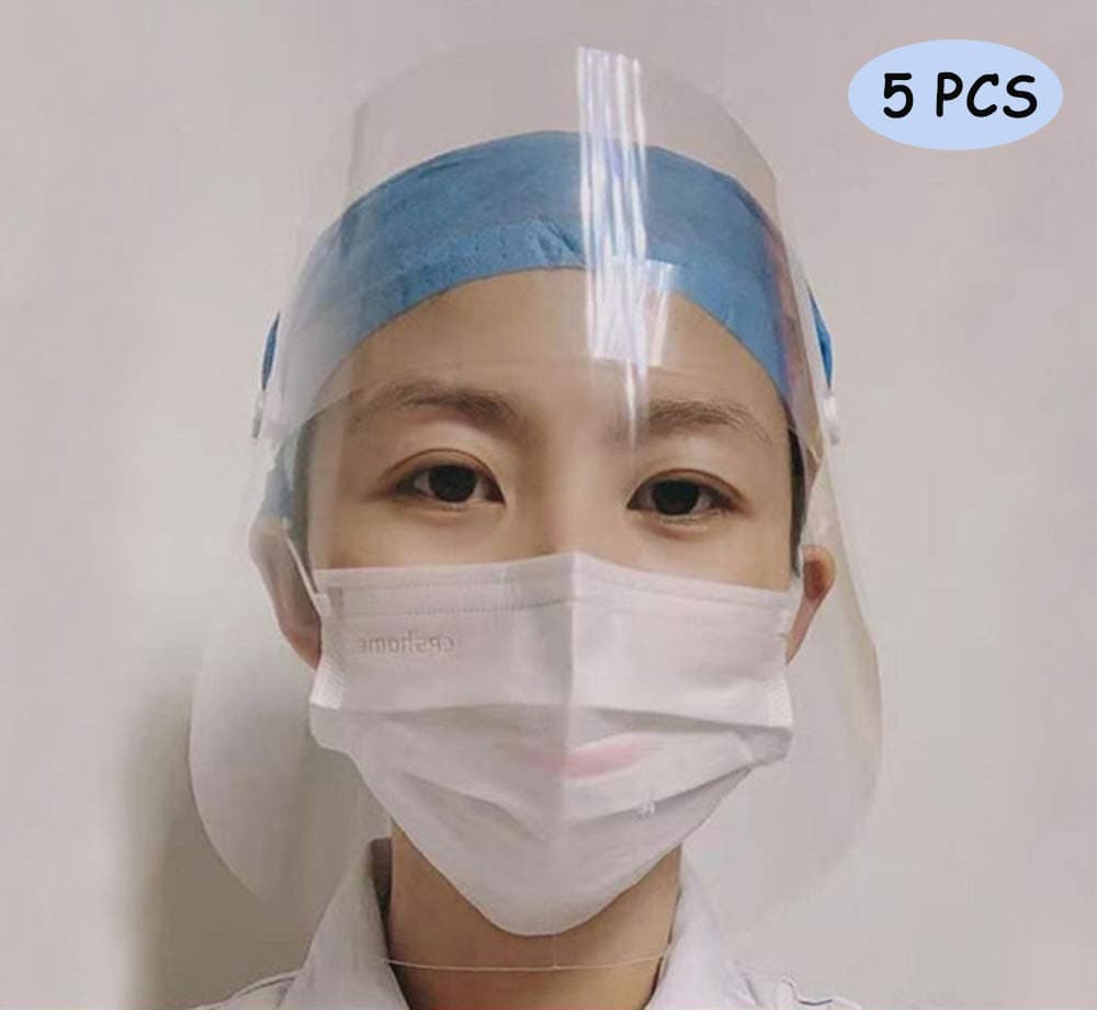 Protective Safety Face Shield Eyes and Face with Protective Clear Film Elastic Band and Comfort Sponge/Anti-saliva, Dustproof Hat Full Face Protective Cap Anti-Fog Prevention Protect(5pcs)