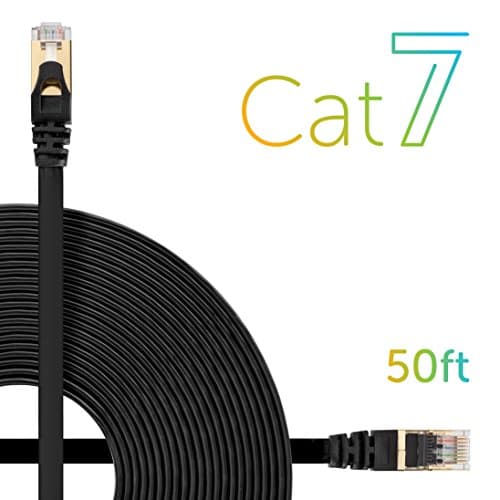 Esorbiel Cat7 Ethernet Cable 50 Ft Black - Flat patch - Shielded STP - High Speed 10GB - Snagless RJ45 Connectors