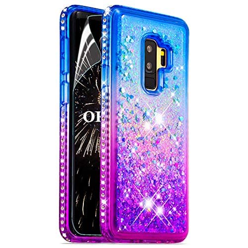 OKZone Case for Galaxy S9 Plus Case[with HD Screen Protector]，[Crystal Diamond Gradient Series] Colorful Liquid Sparkly Quicksand Diamond TPU Gel Cases for Samsung Galaxy S9 Plus (Blue Purple)