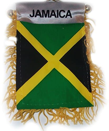 Cool &amp; Custom {4" x 6" String Hang} Single Unit of Rear View Mirror Hanging Ornament Decoration Made of String w/ Jamaica National Fringed Flag Design [Mazda Green, Black, Yellow &amp; White Colored]