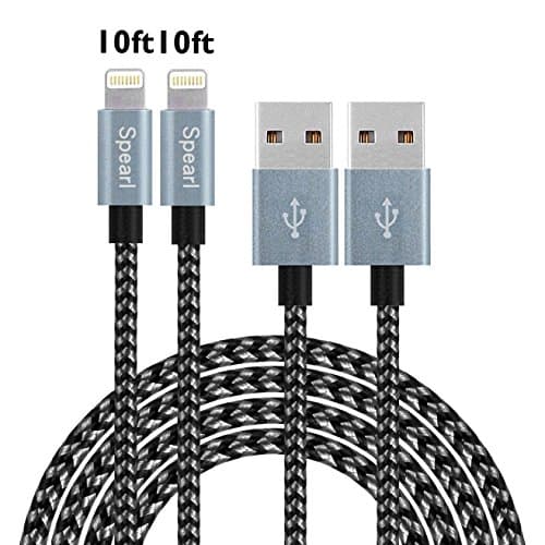 Spearl 2Pcs 3M/10FT Extra Long Nylon Braided Charging Cable Cord 8-Pin Lightning to USB Cable Charger Compatible with iPhone 7/ 7 Plus/6/6s/6 plus/6s plus, iPhone 5/5s/5c,iPad, iPod(Black+Gray)