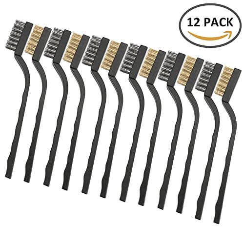 Wrightus 12 pieces Scratch Brush Set (Stainless Steel + Brass), Mini Wire Brush Bristle Curved Handle Masonry for Cleaning Welding Slag and Rust