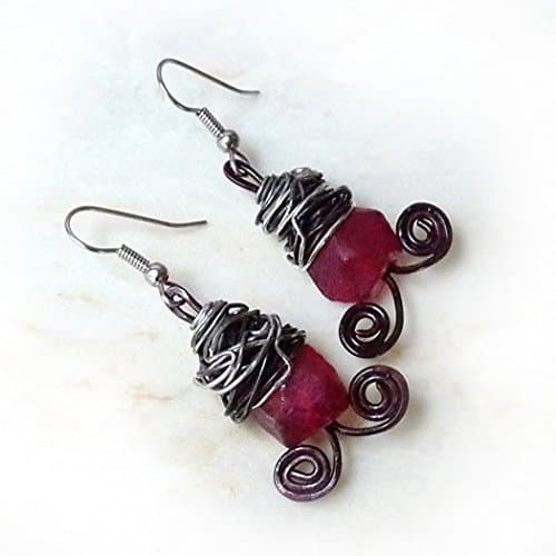Copper, Steel &amp; Ruby Red Recycled Glass Dangle Drop Earrings - Rustic Wire Wrapped Dangles - Surgical Steel Ear Wires for Sensitive Ears, Handmade Gift for Women, Birthday Gift, Mother's Day Gift