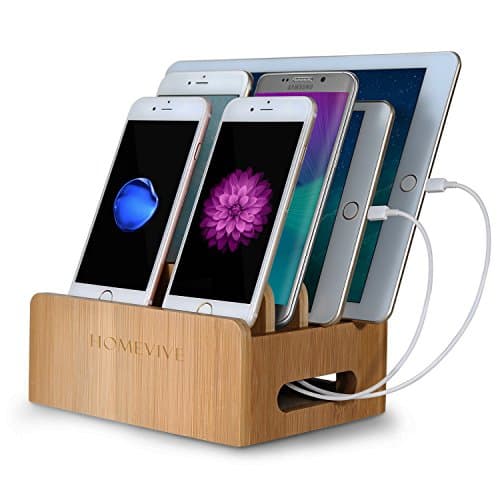 Homevive Bamboo mobile Charging Station Storage Box Dock Stand.Multi Device Desktop Organizer Compatible with 4/5/6-Port USB Charger for Smart Phones,Tablets,Kindles and Other Electronic Devices
