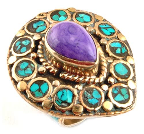 CHAROITE Turquoise Ring 925 Silver Plated UK Ring Size U/EU Size 62.5 Vintage Turquoise Jewelry Boho Rings for Women Handmade Tibetan Rings