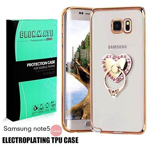 [Ring Buckles + Electroplate Frame TPU] Samsung Galaxy Note 5 Clear Case, ELEKMATE Ultra Thin Slim Protective Back Cover Case for Galaxy Note 5 [CZ Diamond] (Gold+Pink Heart)