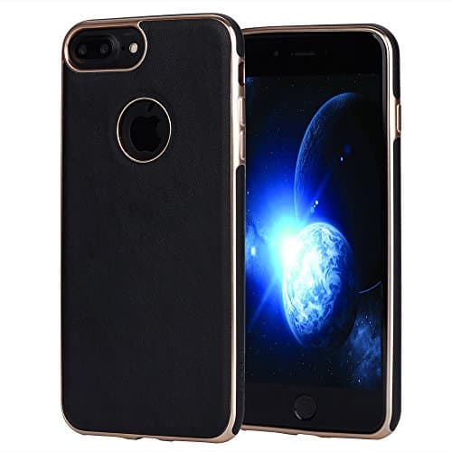 iPhone 7 Plus Case iphone 8 Plus case JOGUO (5.5inch) Black Leather Coated Matte Gold Plating TPU Case Built-in Metal Plate for Magnetic Car Phone Mount + Clear Tempered Glass Screen Protector kit