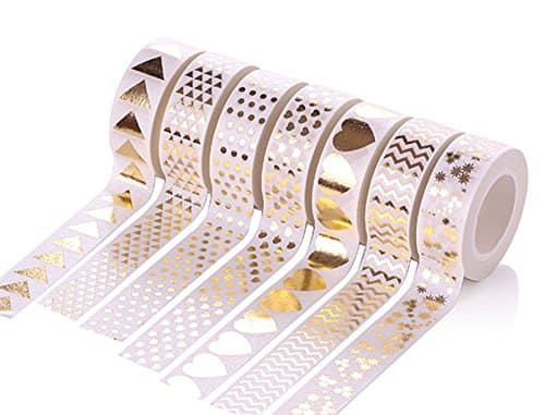 JoinPro 7 Pack Decorative Washi Tape Set Bright Foil Gold Tapes Decoration for Gift Wrapping Party Supplies Scrapbook and DIY Crafts,1.2cmx10m (White Gold)