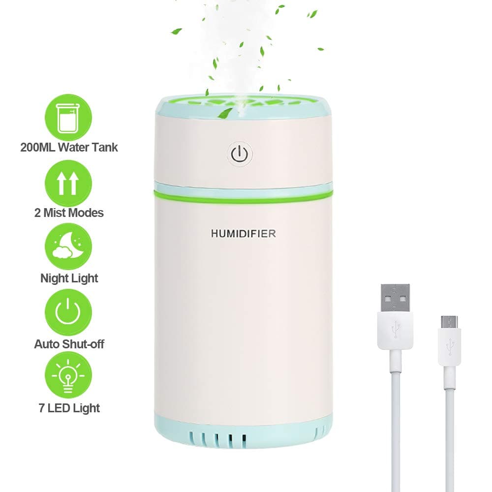 bigzzia USB Portable Humidifiers Diffuser Mini Personal Cool Air Quiet Ultrasonic Purifier 7-Color Mood Lights Nightlight 200ML Auto Shut-Off for Car Office Home (Blue)