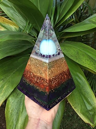 Hua Egg Extra Large Tall Orgone Pyramid with Moonstone Egg, Grape Agate and Lilac Lepidolite tip and Amethyst