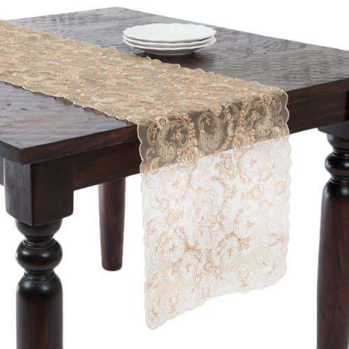Domani Embroidered Lace Gold Sheer Table Runner, 16x72 Rectangular by Domani
