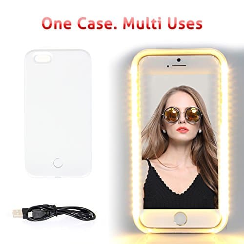 iPhone 7 Plus LED illuminated Case,Walnut LED Lighting up Case for Selfies/Applying Make-Up/Flashlight/Videos/Facetime, Protects Phone &amp; includes Charger For iPhone 7-White