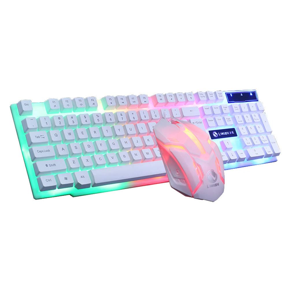 Cloudro Gaming Keyboard Mouse Set,Colorful LED Illuminated Backlit USB Wired PC Rainbow Gaming Keyboard Mouse Set (White)