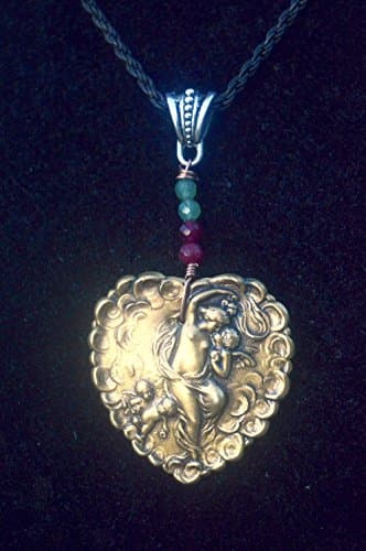 Steampunk Brass Heart Cherub Ruby Emerald Gemstones pendant Beaded One of a Kind Necklace Nude Nymph Goddess