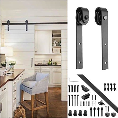 Four Clover American Style 6.6 Ft Sliding Wood Barn Door Steel Hardware Black Sliding Track Kit Basic J Style (6.6 FT Track & Hangers Kit)