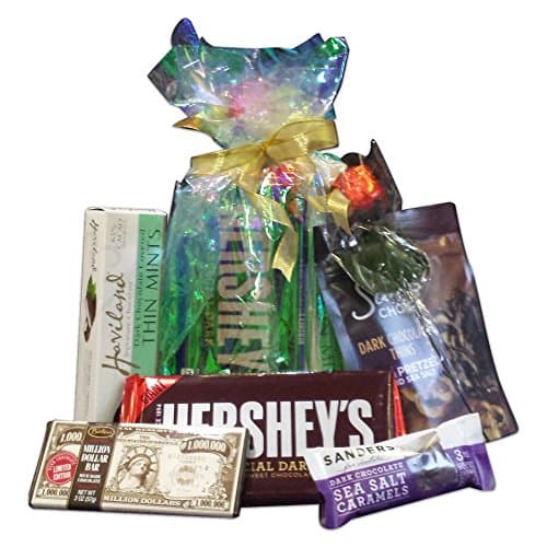 Dark Chocolate Candy Lovers Gift Bundle 17.4 oz Dark Chocolate Pretzel Crisps, Giant Hersheys Dark Chocolate, DC Haviland Mints, Sanders Dark Chocolate Sea Salt Caramels, Chocolate Rose, 6 Items