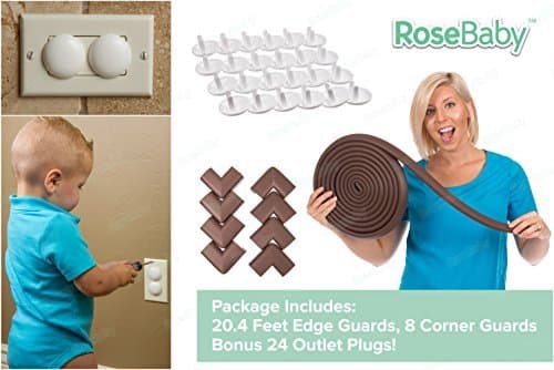 Child Proof Safe Edge and Corner Guard Value Pack, 18ft Edge + 8 Corner Cushions + 24 Outlet Plugs (Brown), Baby Home Table Furniture Safety by Rosebaby