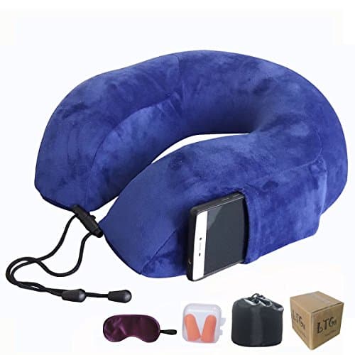 Luentailtg U Shaped Memory Foam Pillow with Cell Mobile Phone Pocket Eye Mask Earplugs for Airplane Car Train and Home Use Head Neck Support Travel Pillow with Water Proof Travel Bag (Blue)
