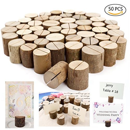 Dproptel Rustic Real Wood Base Wedding Table Name Number Holder Party Decoration Card Holders Picture Memo Clip Note Photo Clip Holder - 50 PCS Pack