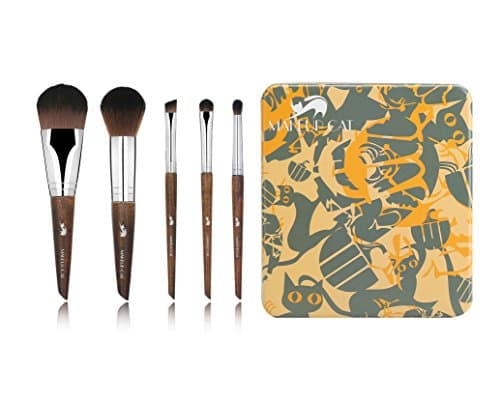 MAKEUP CAT Classic 5 Pieces Beech handle Makeup Brushes Set with Tin Box Professional Bronze Vegan Make Up Brush Vintage sets Contain Kabuki Foundation Powder Blush Shader Crease eyeliner eye Brushes