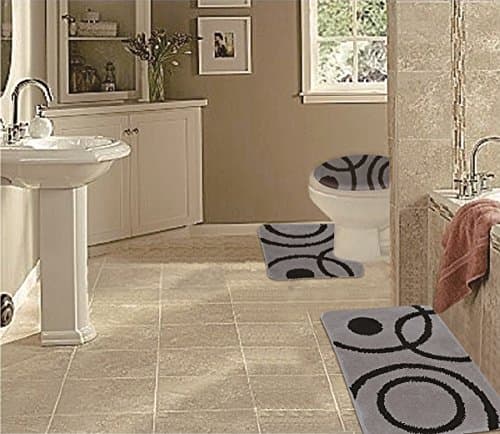 WPM 3 Piece Multi Color Bath Mat Set-bathroom Mat Contour Rug and Lid Cover (Circle Grey)