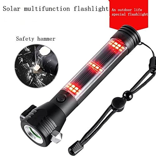 Solar Powered Flashlights Multi-functional Rechargeable USB LED Torchlight with Car Emergency Tool, Attack Hammer, Cutting Knife, Compass for Camping, Hiking,Vehicle,Auto Emergency Kit.