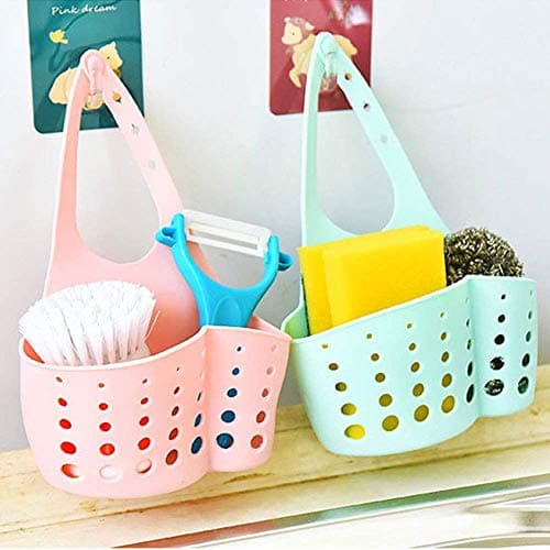 KPS Kitchen Sink Caddy Sponge Storage Hanging Basket Adjustable Snap Button Type Drain Rack Faucet Storage Bag Storage Baskets Tool (Assorted Colour)