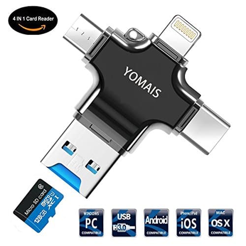 4 in 1 Card Reader, YOMAIS Micro SD Card Reader with Type C USB Lightning Connector Micro USB HUB Adapter, TF Flash Memory Card Readers For iPhone, iPad, Mac, PC, Android USB 3.0 (Black)