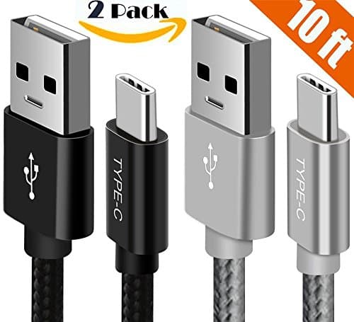 Type C Cable, Extra Long [2 Pack] 10FT Braided Fast Charging Cord, USB-C Quick Charge Cable for Samsung Galaxy Note 8 S10 S9 S8+, Google Pixel XL 2XL Pixel 3, LG G7, New iPad Pro 2018 and more, BL+SL