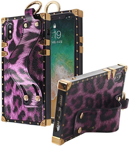 ARASO for iPhone Xs case Leopard, Hand Strap Cellphone Holder Girls Women Leopard Pattern Leather Kickstand Case for iPhone X Leopard (Purple)