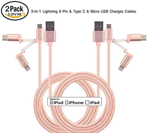 MINLU (TM) 2Pack 3.3Ft Lightning to Micro USB &amp; Type C Charging and Sync 3-in-1 Cable for iPhone, iPad, iPod Touch/Nano, Android, Samsung /HTC/blackberry/ Motorola/Sony/New Macbook/N1/6P/5X (Pind)