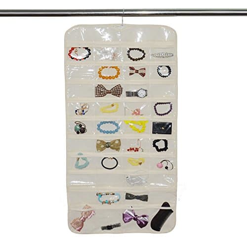 TABB 40 Pockets&amp; 18 Hook-and-Loop Tabs Hanging Jewelry Organizer Display Earring Rings Bracelets Storage Bags Hanger (Rice White)