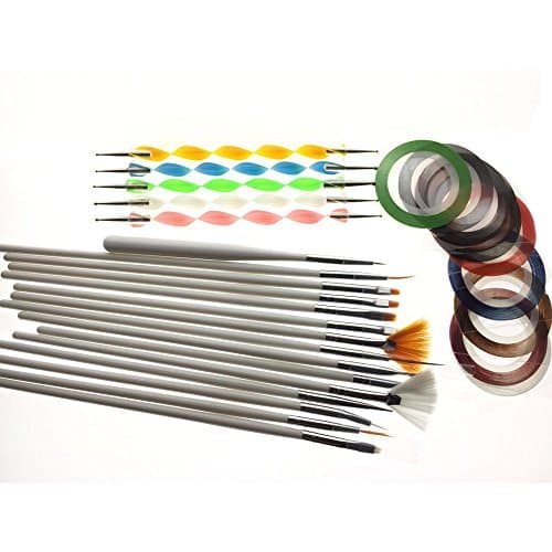 MIRADA (TM) 5 PCs 2-Way Dotting Marbleizing Pen, 15 PCs Nail Art Brushes, 12 PCs Assorted Colors Nail Striping Tape Nail Decorations Kit Set