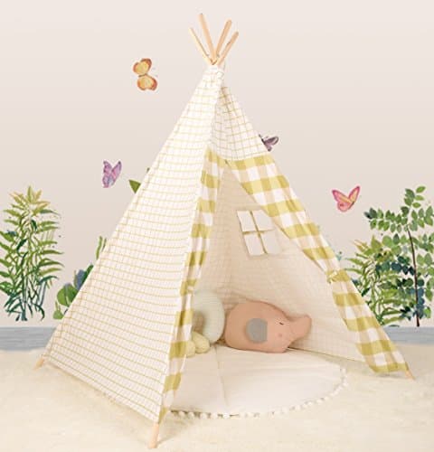 CANALOHA 4 pole version Green and White Large Foldable breathable Cotton Canvas Playhouse Outdoor Indoor India toddlers Play Tent with window, Ideal for Kids Girls/Boys Birthday Gift Christmas Party