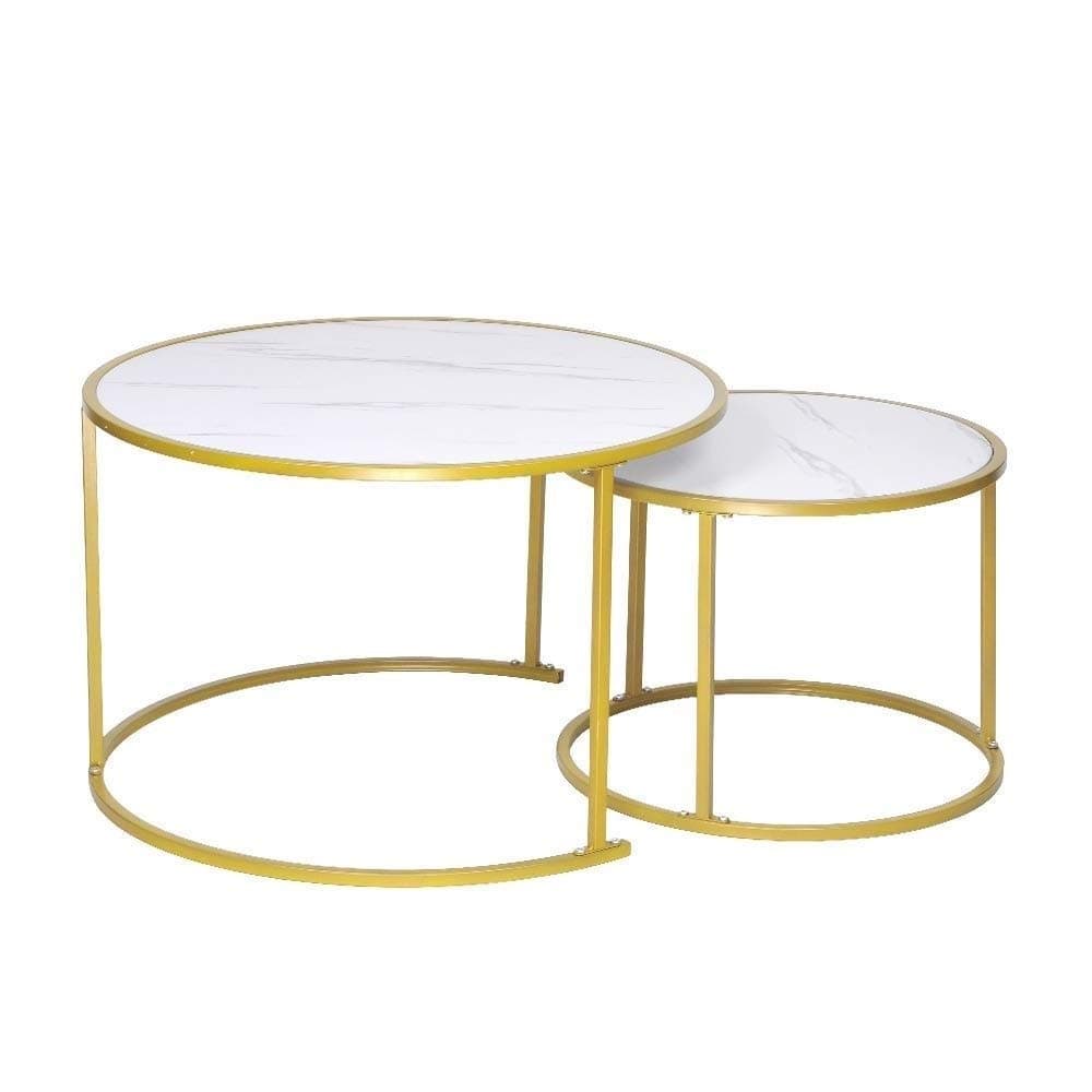 WJMLS Modern Round Nesting Coffee Table White Marble Pattern Paint + Gold Metal Frame Smooth Finish Make It Easy to Wipe Clean Home Decoration Set of 2