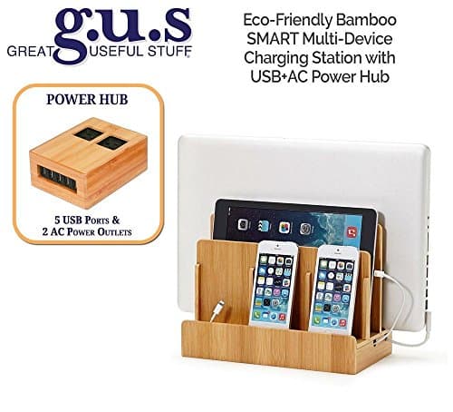 G.U.S. Multi-Device Charging Station Dock &amp; Organizer - Multiple Finishes Available. For Laptops, Tablets, and Phones - Strong Build, SMART Eco-Friendly Bamboo with USB+AC Power Hub (8A/40W)