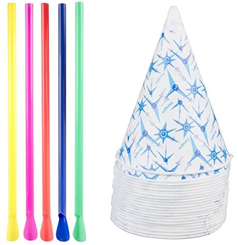Party Snow Cone 200 pack, Snowflake Sno Cone Cups + Colored Spoon Straws Mega Kit Shaved Ice set