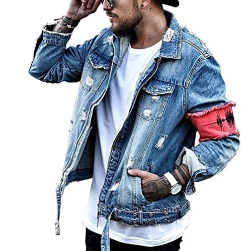 Men's Ripped Denim Trucker Jacket Distressed Rugged Patchwork Jeans Jackets Biker Jacket For Man