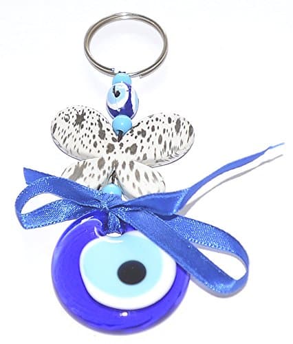 EVIL EYE KEYCHAIN WITH LARGE EVIL EYE BEAD , BUTTERFLY AND BLUE RIBBON BOW (nazar hamsa keychain). HAND MADE DANGLING EVIL EYE FOR KEYS OR TO HANG FROM DOOR TO KEEP EVIL SPIRITS AWAY