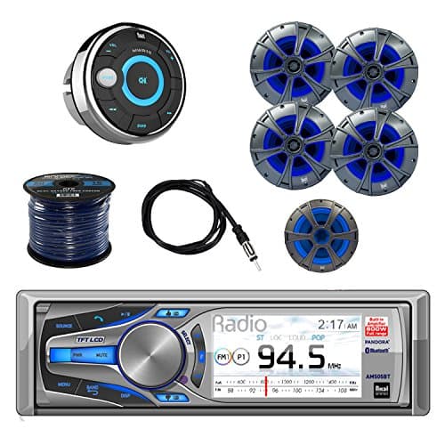 Dual Mechless Bluetooth Receiver iPod/iPhone Control with Dual 2-Way Marine Speaker 2-Pairs, Dual Subwoofer Marine Speaker, Dual Wired Remote Control, Enrock Speaker Wire and Enrock Marine Antenna