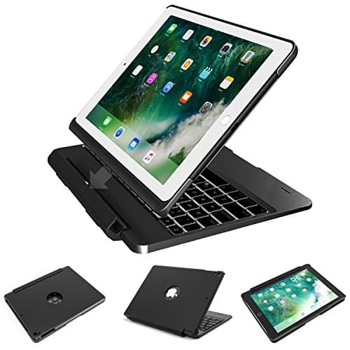 Seetop New ipad 9.7 2017 Wireless Bluetooth keyboard Case 7 colors LED Backlit Detachable Keyboard Case with Stand Ultra Slim Aluminum Metal Flip Cover For ipad pro 9.7 New iPad 2017 (Black)