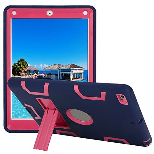 iPad 5 2017 9.7 Inch Case,Top Munster Kickstand [Three Layer] Heavy Duty Rugged High Impact Resistant Hybrid Full Body Protective Shock-Absorption Case Cover for iPad 5 2017 9.7 Inch (Navy+Rose Red)